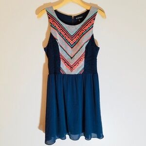 MY MICHELLE Babydoll Mini Dress in Blue Aztec Crochet